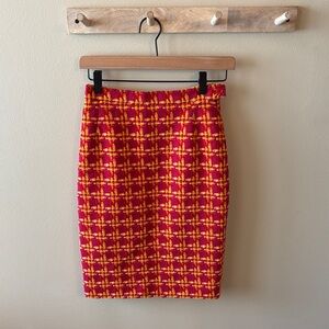 Vintage Escada Red, Pink, and Yellow Tweed Patterned Pencil Skirt